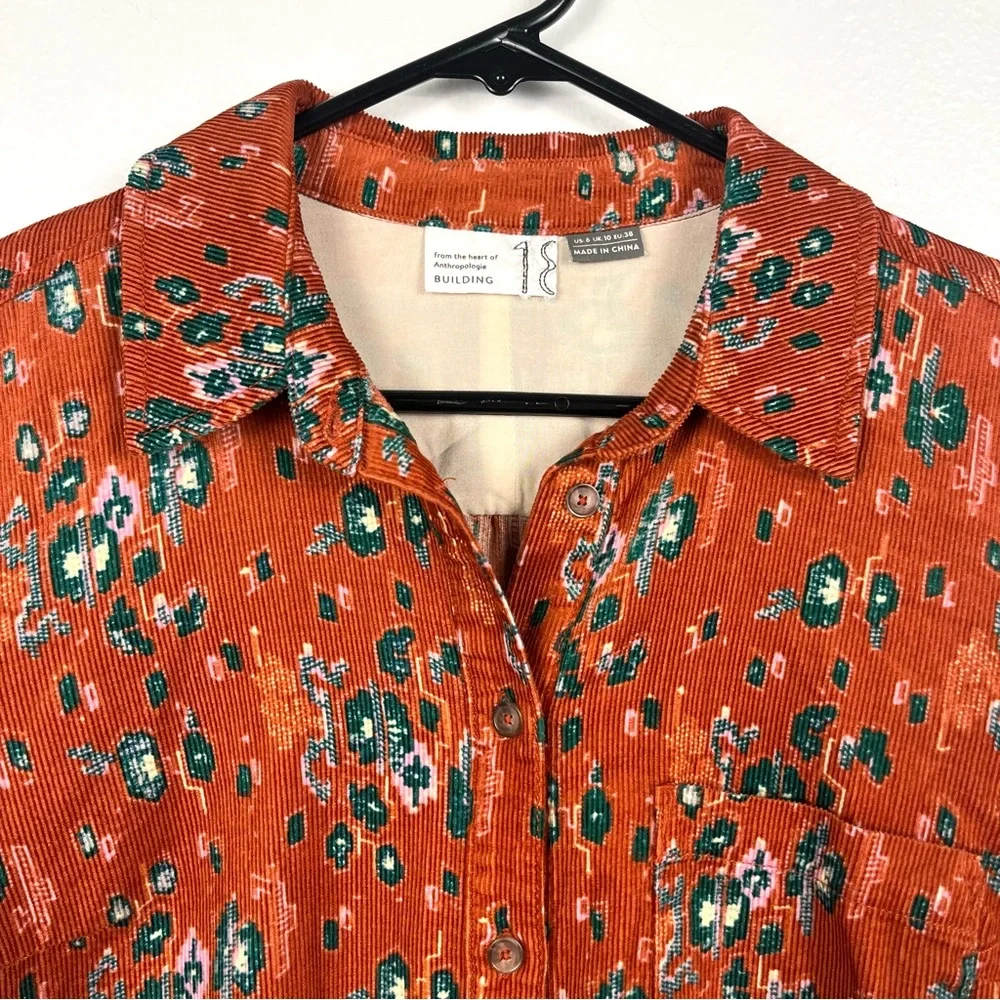 Anthropologie size 6 Corduroy Red-Orange Print Long Sleeve Buttondown Shirt Top